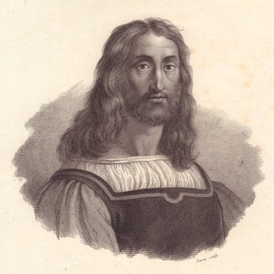 Porträtt av den italienske gravören Marcantonio Raimondi (1480-1534), kopparstick av Barni efter målning av Raffaello Sanzio av J.B. and Brown J. Rowbotham