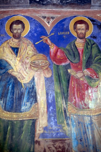 Saints Cosmas och Damian, klostret Megalo Sotiris, ön Symi, Grekland (foto) av J.B. and Brown J. Rowbotham