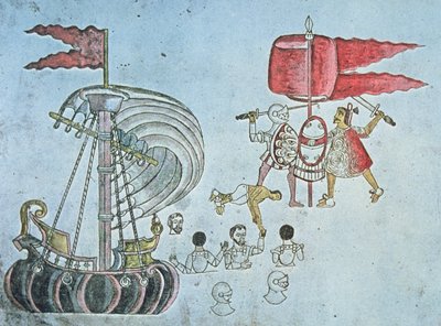 Spanska soldater från Hernan Cortes vadar iland 1519 för att slåss mot aztekerna, kopierat från Codex Azcatitlan, ca 1550 (färg litho) av J.B. and Brown J. Rowbotham