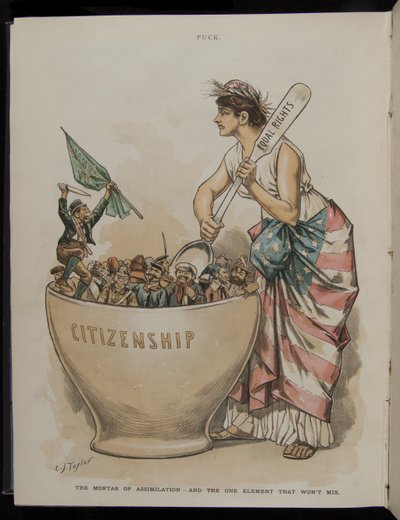 Assimilationens murbruk - And the One Element That Wont Mix, illustration från Puck Magazine, 26 juni, 1889 av C.J. Taylor