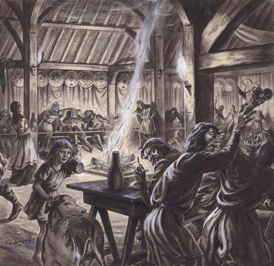 En festmåltid i en anglosaxisk thegns hall (gouache på papper) av C.L. Doughty