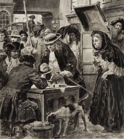 En pantlånare från 1700-talet och hans kunder (gouache på papper) av C.L. Doughty