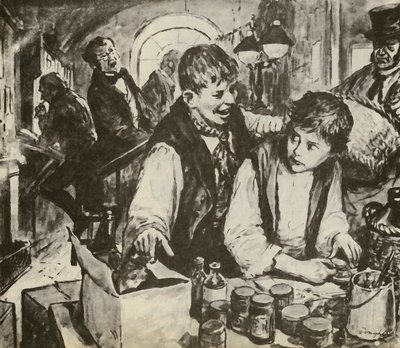 Charles Dickens som pojke i svärtningsfabriken (litografi) av C.L. Doughty
