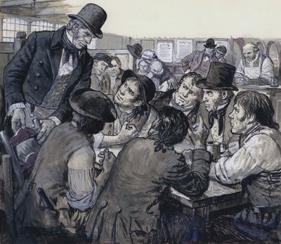 Överste Despard rekryterar politiska missnöjesyttringar i Londons undre värld (gouache på papper) av C.L. Doughty
