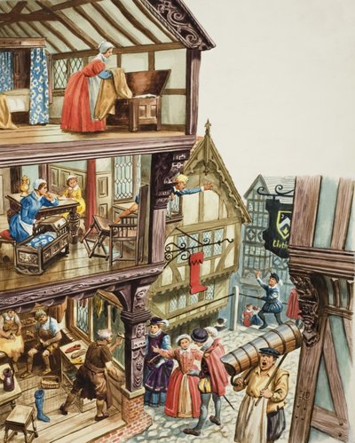 Elizabethan Townscape (gouache på papper) av C.L. Doughty