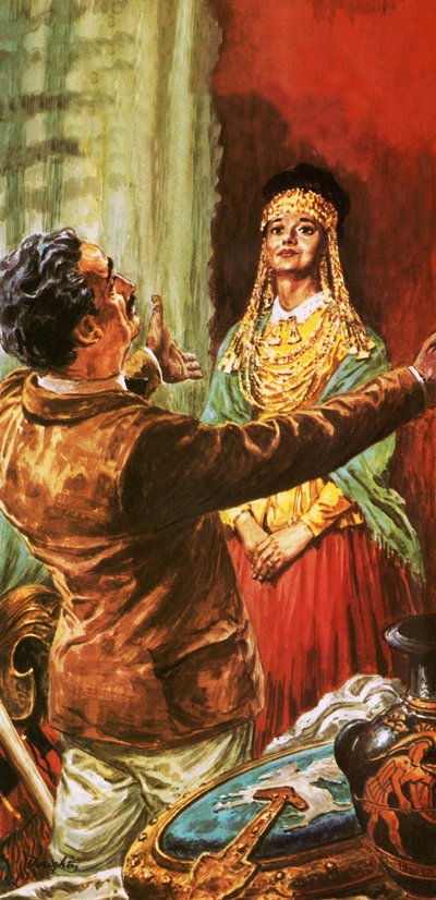Heinrich Schliemann smyckar sin hustru med prydnadsföremål som grävts upp på platsen för det antika Troja av C.L. Doughty