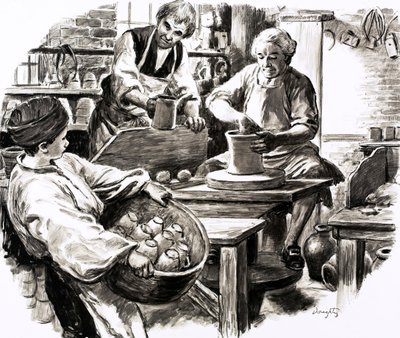 Josiah Wedgwood gick i lära i familjens krukmakeri (gouache på papper) av C.L. Doughty