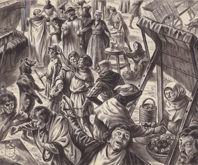 Köpmän på en medeltida marknad (gouache på papper) av C.L. Doughty