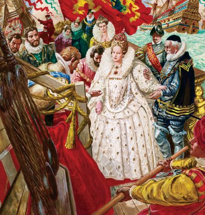 Drottning Elizabeth I (1530-1603) går i land med hjälp av Sir Walter Raleigh (1554-1618) (gouache på papper) av C.L. Doughty