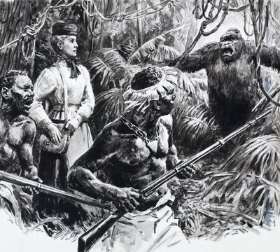 Upptäcktsresanden Mary Kingsley i Afrika (gouache på papper) av C.L. Doughty