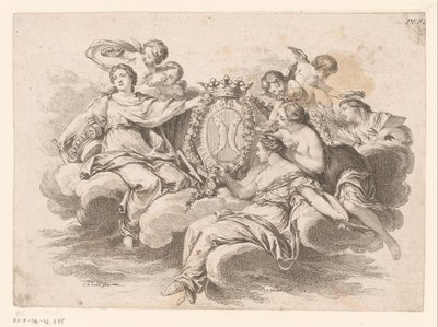 Allegorisk representation med figurer på ett moln av C.O. Gelirnard
