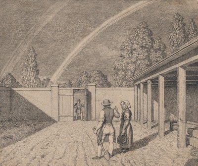Ett par som samtalar på en stallgård, med en dubbel regnbåge ovanför, från 