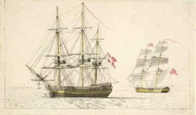 En dansk fregatt för ankar och en engelsk brigg under segel av Christoffer Wilhelm Eckersberg