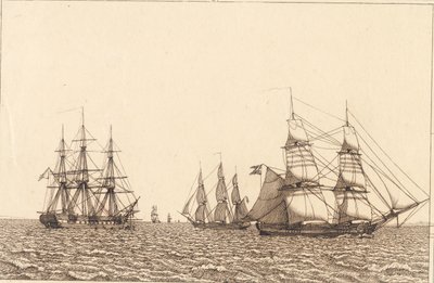 En fregatt ligger för ankar. Illustration för "Linjärt perspektiv", skylt IXb av Christoffer Wilhelm Eckersberg