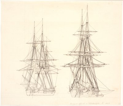 En korvett och en brigg för ankar. av Christoffer Wilhelm Eckersberg