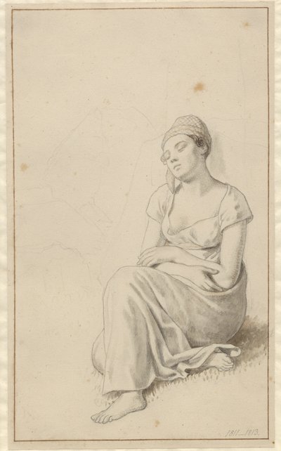 En kvinna som lutar sig mot ett stenblock och sover. av Christoffer Wilhelm Eckersberg