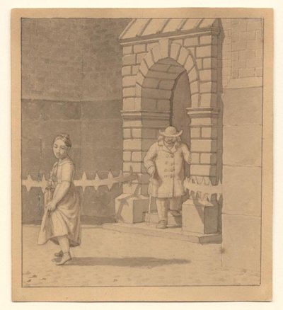 Gatufoto med en ung flicka som lyfter sin klänning lite; i bakgrunden en äldre man med käpp av Christoffer Wilhelm Eckersberg
