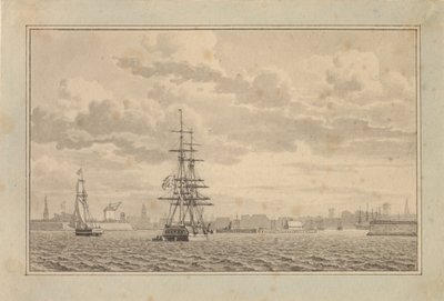 Köpenhamn sett från Yderhavnen med en brigg för ankar och en segelslup. av Christoffer Wilhelm Eckersberg