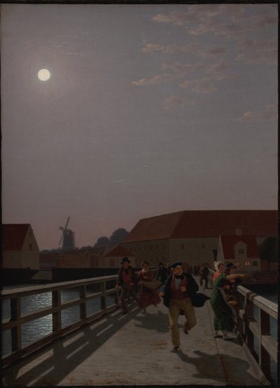 Langebro, Köpenhamn, i månskenet med löpande figurer av Christoffer Wilhelm Eckersberg