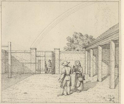 Linjärt perspektiv applicerat på målarkonsten - Utkast till oanvänd version av Platta V,2 - Regnbågen över gården. av Christoffer Wilhelm Eckersberg