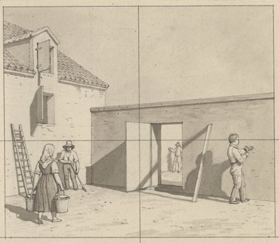 Linjärt perspektiv, applicerat på målarkonsten - utkast till oanvänd illustration - Dansk innergård med fyra bönder och hantverkare. av Christoffer Wilhelm Eckersberg