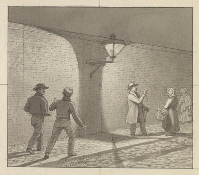Linjärt perspektiv tillämpat på målarkonsten, tavla VIII, fig. 1 - Natttrafik under gatlyktan. av Christoffer Wilhelm Eckersberg