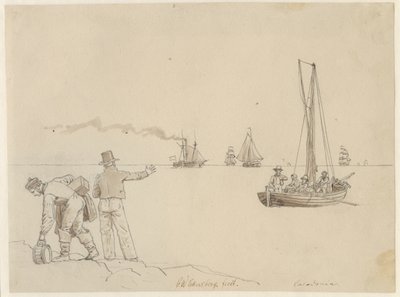 Passagerare förs ut till ångfartyget Caledonia. av Christoffer Wilhelm Eckersberg