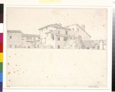 Romerska hus, sett över en mur. av Christoffer Wilhelm Eckersberg