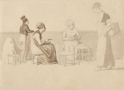 Scen från en gård eller kaj i Paris. Fyra sittande, stående och gående figurer. av Christoffer Wilhelm Eckersberg