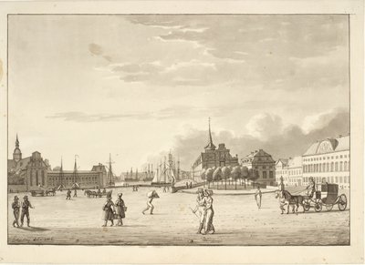 Slottsplatsen i Köpenhamn med Holmens kyrka, Børsen, den nu försvunna bank- och kanslibyggnaden ("Den röda byggnaden") av Christoffer Wilhelm Eckersberg