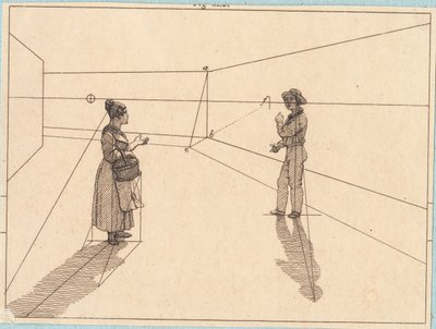 Två figurer i geometrisk konstruktion. Illustration för "Linjärt perspektiv", skylt IV av Christoffer Wilhelm Eckersberg