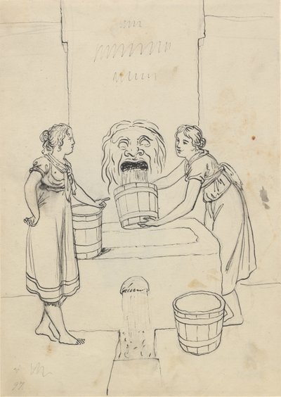 Två kvinnor hämtar vatten vid en fontän som skickar vattnet ut genom munnen på en mask av Christoffer Wilhelm Eckersberg