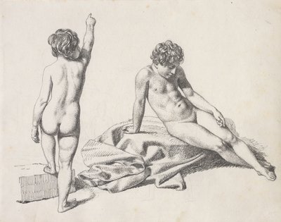 Två nakna små tjejer, den ena sitter framifrån och den andra står sedd bakifrån av Christoffer Wilhelm Eckersberg