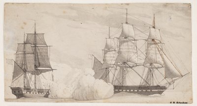 Två krigsfartyg i strid (den engelska fregatten Shannon och den amerikanska fregatten Chesapeak?) av Christoffer Wilhelm Eckersberg