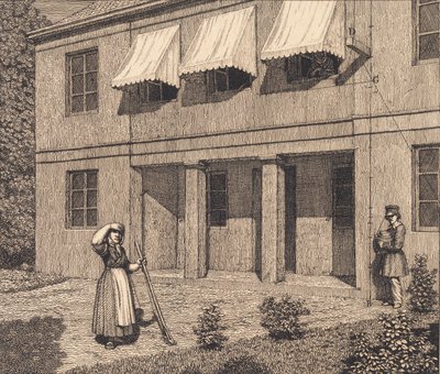 Utanför en villa. Illustration för "Linjärt perspektiv", skylt V av Christoffer Wilhelm Eckersberg
