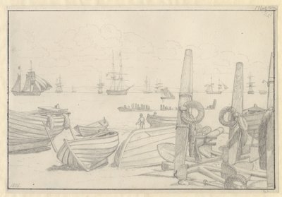 Utsikt från stranden söder om Helsingör mot bevakningsfartyget, briggen "Falster". av Christoffer Wilhelm Eckersberg