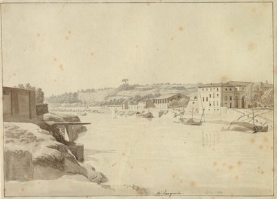 Utsikt över Tibern mot Porto di Ripa Grande och Porta Portese sett från stranden nedanför Monte Aventino, Rom. av Christoffer Wilhelm Eckersberg