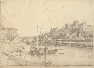 Utsikt över Tibern vid Porto di Ripa Grande utanför Porta Portese mot Marmorata och kyrkorna i Monte Aventino, Rom av Christoffer Wilhelm Eckersberg