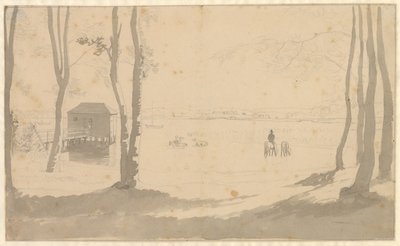 Utsikt över en sjö, till vänster ett badhus, i mitten ryttare som vattnar hästar, förgrunden är trädbevuxen av Christoffer Wilhelm Eckersberg