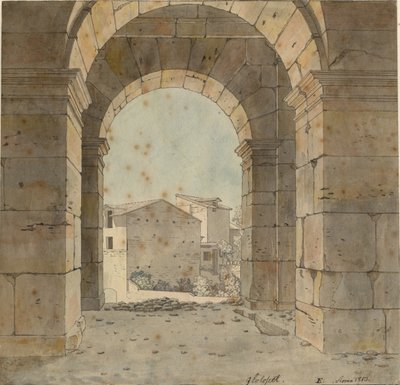 Utsikt mot norr genom en av bågarna på Colosseums andra våning i Rom av Christoffer Wilhelm Eckersberg
