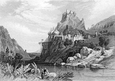 Ruiner vid Ettaia, som sägs ha orsakats av en strid mellan Krishna och Kali, graverade av E. Finden, från 
