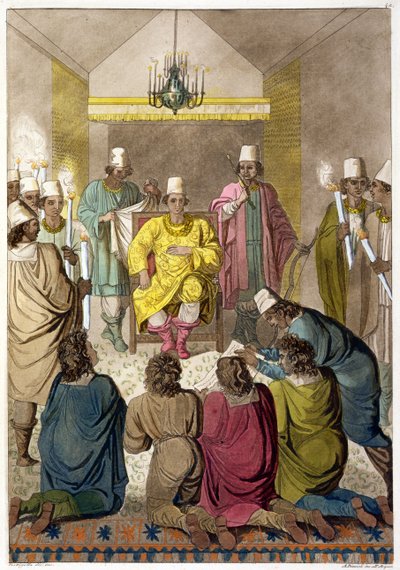 Don Alvaro, konungen av Kongo på sin tron, tavla 42 från "Le Costume Ancien et Moderne" av Jules Ferrario, graverad av A. Biasioli (1790-1830), publicerad omkring 1820-30-talen. av C. Bottigella