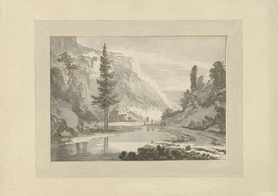 Berglandskap med herdar på en flodstrand av C. Brouwer