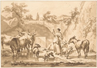 Spinnande herdinna med flock av C. Dietrich (prentmaker) (possibly)