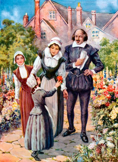 Shakespeare i trädgården vid New Place, Stratford-on-Avon (färglitografi) av C. Dudley (after) Tennant
