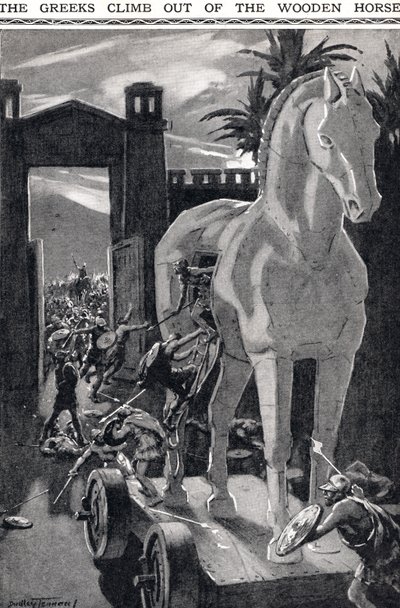 Grekerna klättrar ur trähästen, illustration från 