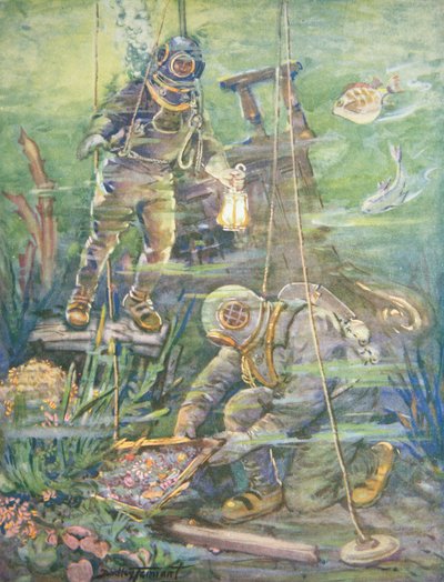 Djuphavsdykare hittar Sunken Treasure, ca 1890-talet (lito i färg) av C. Dudley Tennant
