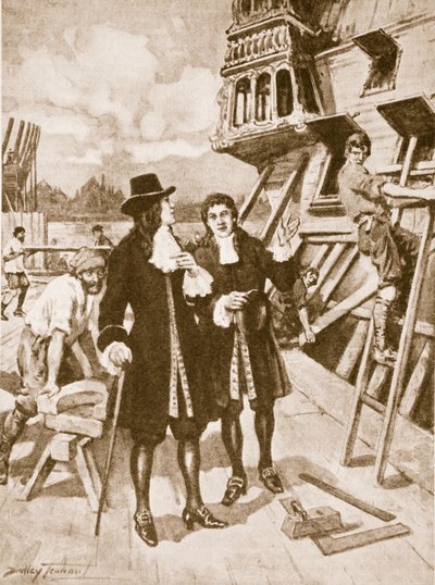 デプトフォードの造船所にいるピョートル大帝 (litho)swedish av C. Dudley Tennant