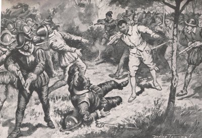 Amiralen, följt av sitt parti, sprang huvudstupa mot Vera Cruz Guard, illustration från 