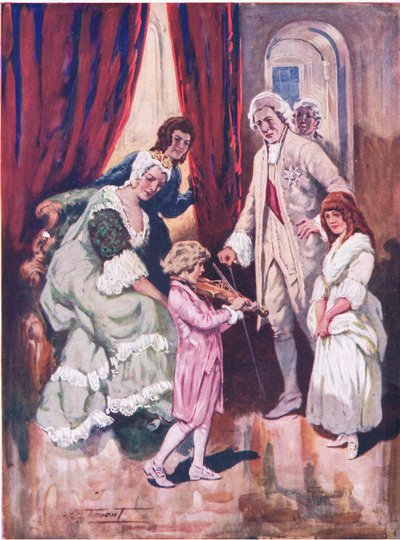 Vinner sin kungliga publiks hjärtan: Mozarts första framträdande i det österrikiska hovet (färg litho) av C. Dudley Tennant